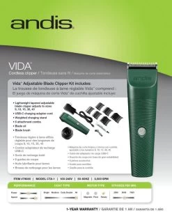 Andis Vida Adjustable Blade Clippers -Pet Supply Store ad8579 43 package back